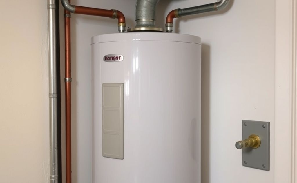 A modern water heater in a home setting with pipes and valves.