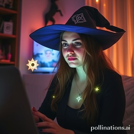 A modern witch in her room, her face illuminated by a laptop screen showing a vibrant online community forum about witchcraft, with digital magical symbols glowing around the screen.