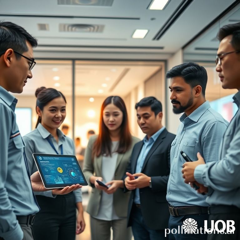 UOB employees participating in AI upskilling workshops, embracing digital transformation in banking. Financial services professionals learning generative AI and data science in a modern office.