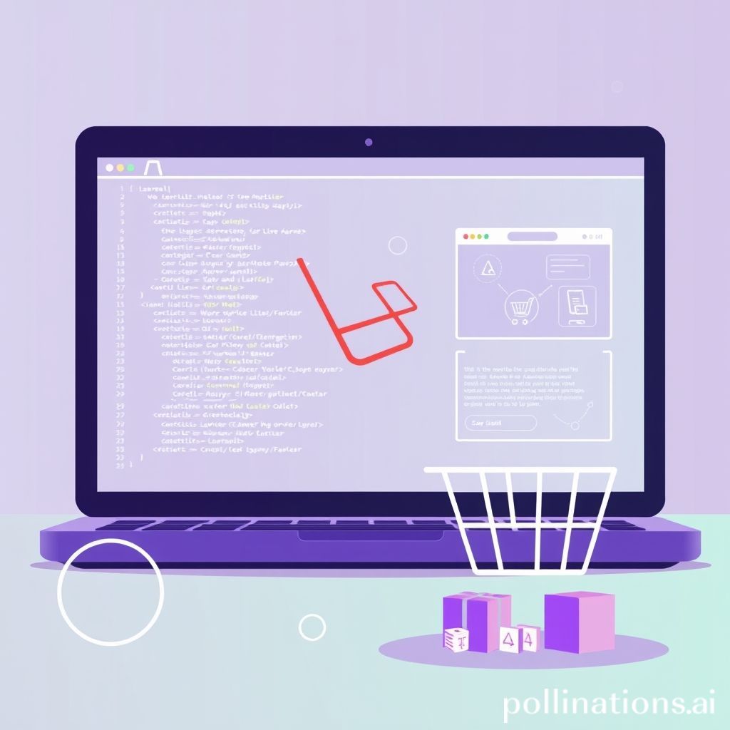 A modern, clean illustration showing a laptop screen with Laravel code snippets and a subtle e-commerce website wireframe. In the foreground, there are abstract elements representing online shopping (like a shopping cart icon or product boxes). The overall color scheme should incorporate Laravel's signature purple/green, emphasizing technology, web development, and online business growth.