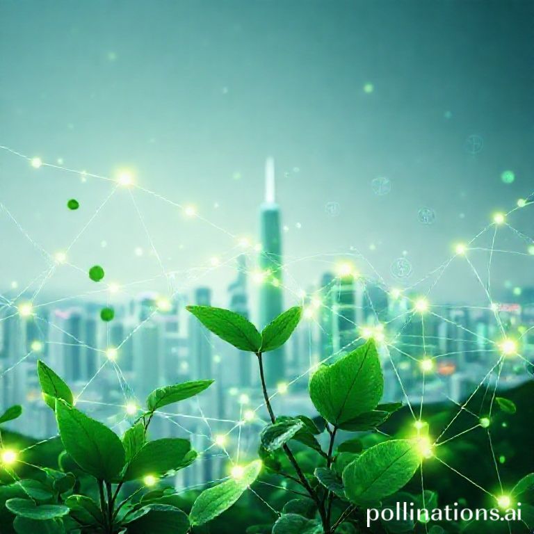 Ilustrasi modern yang menggambarkan obligasi hijau digital Hong Kong, memadukan teknologi blockchain dengan elemen keberlanjutan.