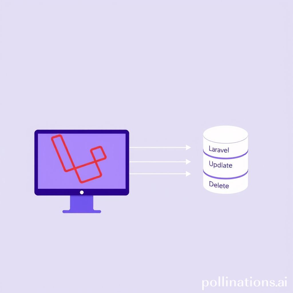 A modern, minimalist illustration showing a computer screen with Laravel code on one side and a stylized database icon on the other. Connecting lines or arrows indicate data flow for Create, Read, Update, Delete operations. The overall aesthetic should be clean, professional, and use a color palette that includes Laravel's purple.