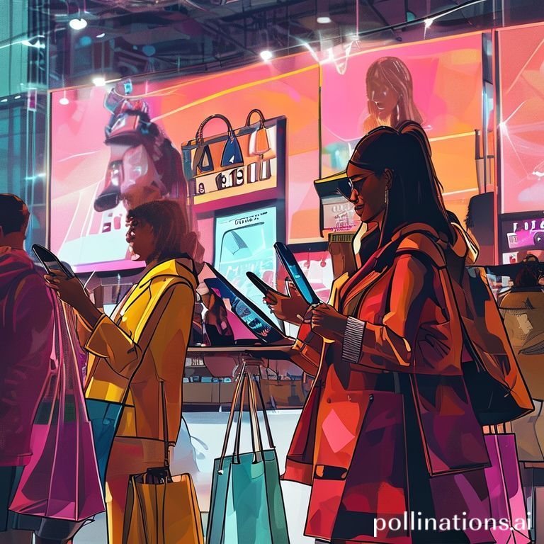 Consumers online shopping for fashion, influenced by a celebrity endorsement on a digital billboard, driving trends.