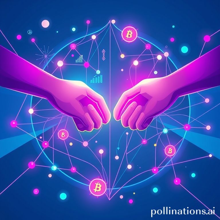 A modern, vibrant, and slightly futuristic illustration with a Gen Z aesthetic. It features abstract blockchain elements, intertwined with digital tokens or coins. In the center, two stylized hands are exchanging digital assets directly, symbolizing peer-to-peer (P2P) transactions. There are no central figures, but rather interconnected nodes and lines, emphasizing decentralization. The color palette should be bright, using neon blues, purples, and greens. Include subtle graphics like upward trending charts, stylized 'cuan' (profit) symbols, or connection lines representing a network. The overall vibe should be innovative, empowering, and a bit playful, appealing to young tech-savvy individuals.