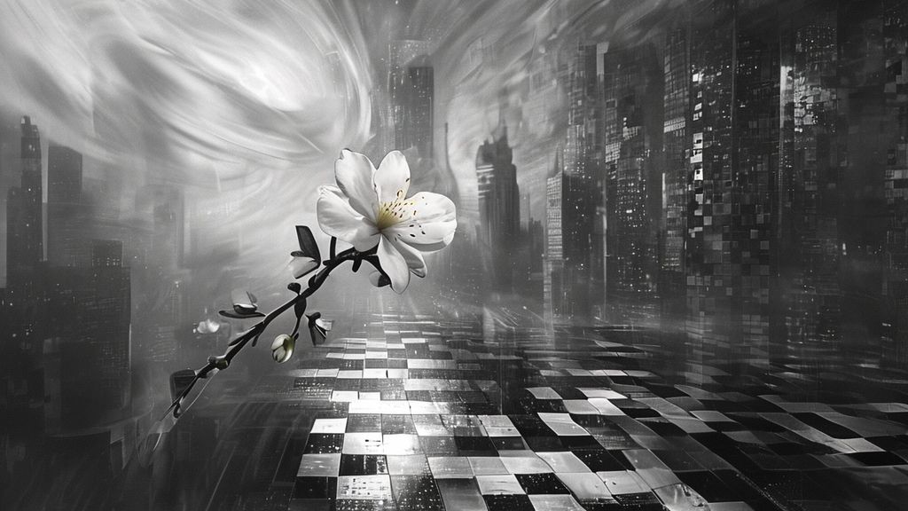 A monochrome cityscape fading into a swirling gray abyss, illuminated by a single, fragile jasmine blossom. Ethereal light reflects a crossword puzzle's hopeful glow against the despair.