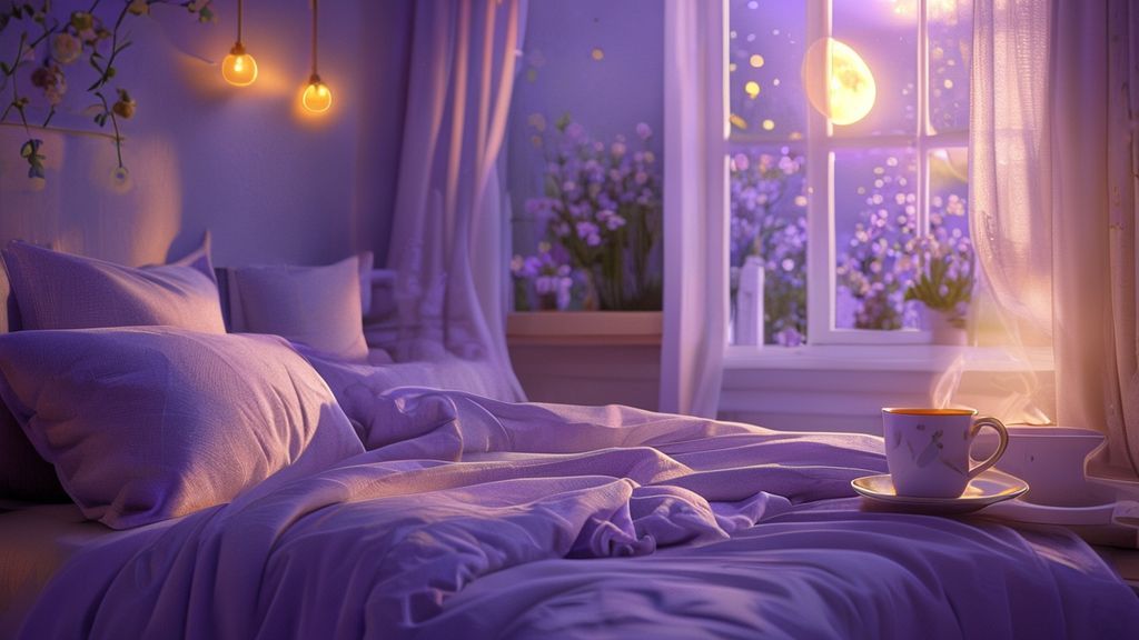 A moonlit bedroom bathed in lavender hues. Soft light spills from a window, illuminating a bed with a lavender sachet and a steaming cup of chamomile tea. Whispers of calming energy.