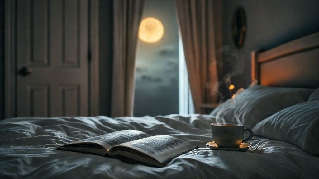 A moonlit bedroom sanctuary. Soft, warm light spills from a crack in a closed door. A half-read book rests on a plush bed. Chamomile tea steams gently. Ethereal glow.