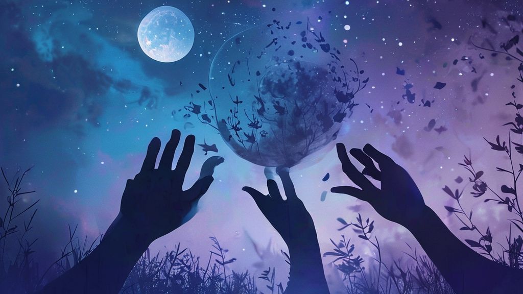 A moonlit clearing. Silhouetted hands release smoky tendrils of discarded habits, rising to a celestial sphere. Soft blues and purples cascade, highlighting the serene, reflective space.