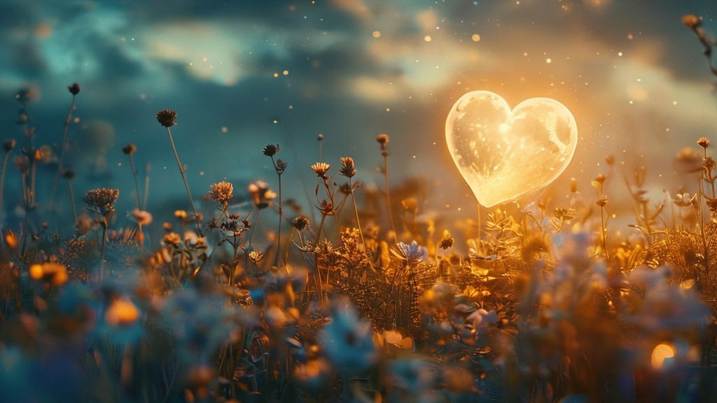 A moonlit field of wildflowers bathed in soft, ethereal light. A glowing, translucent heart hovers, dissolving limiting beliefs. Warm golds and calming blues, cinematic shot.