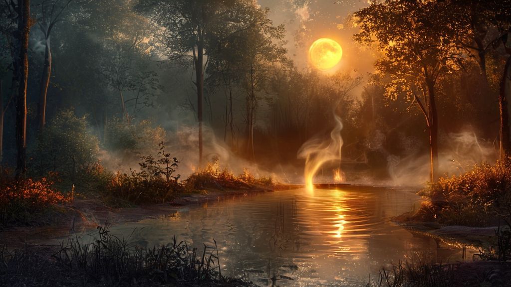A moonlit forest clearing bathed in soft, amber light. Wisps of ethereal smoke curl from a central, glowing herb garden, reflecting in a still pool.