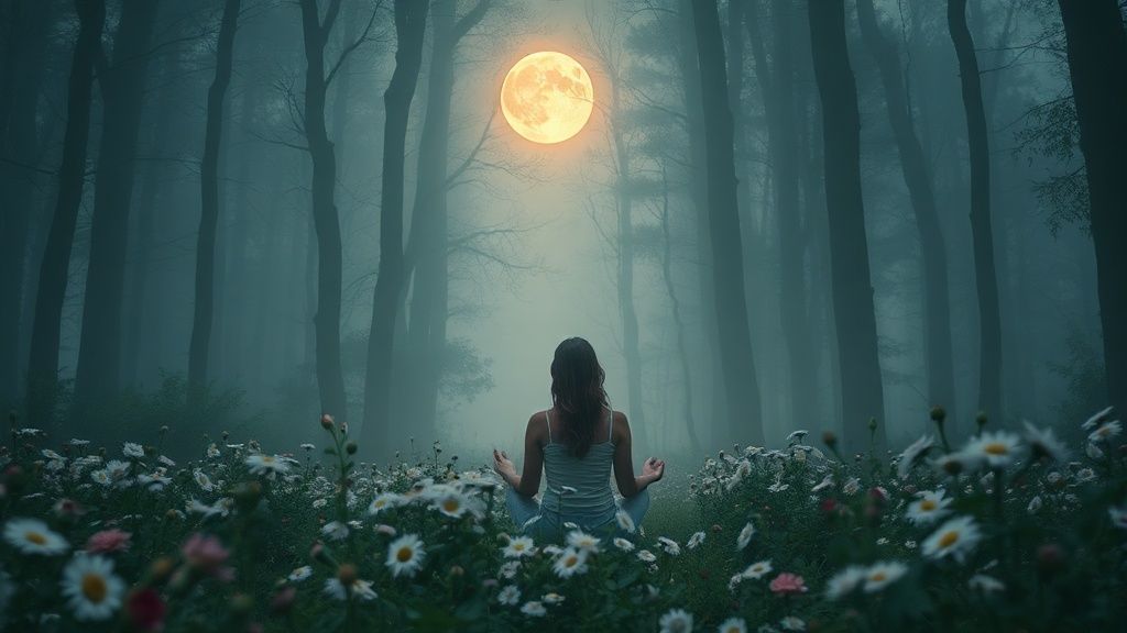 A moonlit forest clearing bathed in soft, ethereal glow. A woman sits, surrounded by blooming chamomile and roses, meditating. Cinematic, 4k, mystic.