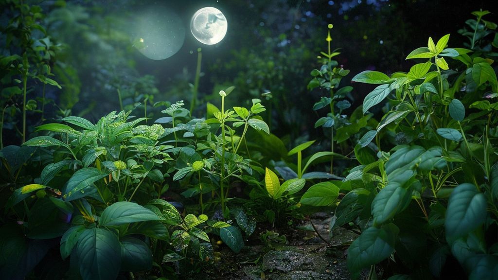 A moonlit garden in Austin. Glowing Ashwagandha, Holy Basil, and Lemon Balm plants whisper secrets. Soft, ethereal light bathes the scene, illuminating dew-kissed leaves, mystic and calming.