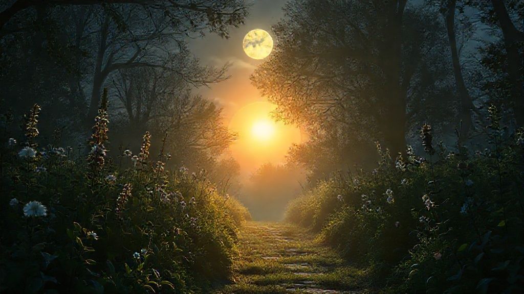 A moonlit garden path, dappled with light. Silhouettes of medicinal herbs bloom with a soft, ethereal glow, leading towards a radiant sunrise, symbolizing hope.