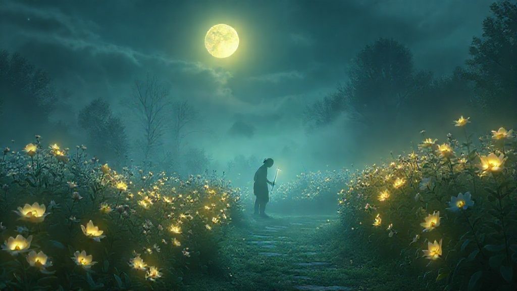 A moonlit, ethereal garden: a lone figure tending glowing flowers. Soft light bathes the scene, illuminating a path winding through blooming, radiant flora. Mystic ambiance, 4k.