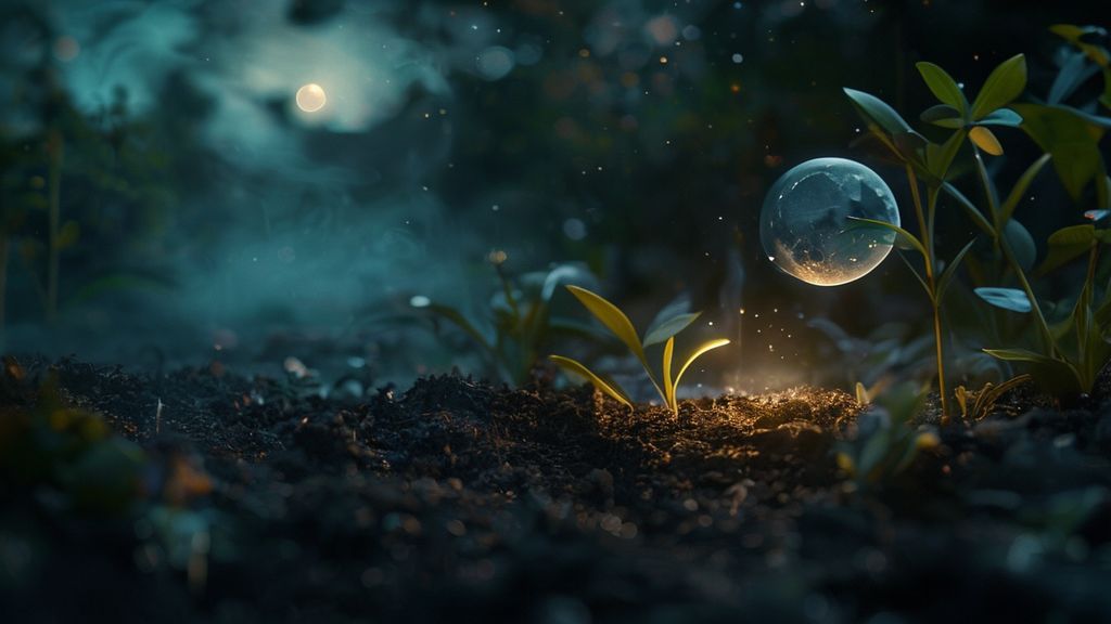 A moonlit, ethereal garden. A single seed glows, emanating soft light, nestled in dark, fertile soil. Misty atmosphere, cosmic energy swirling. Cinematic, 4k.