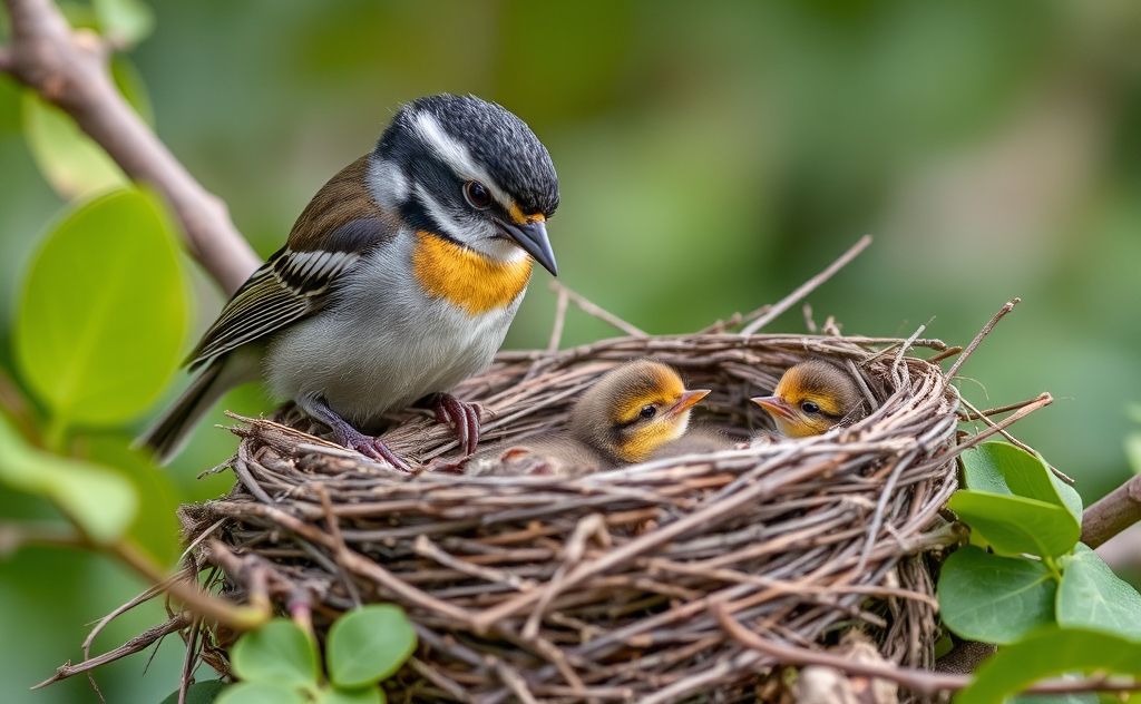 A mother bird building a nest with twigs and leaves for her chicks.