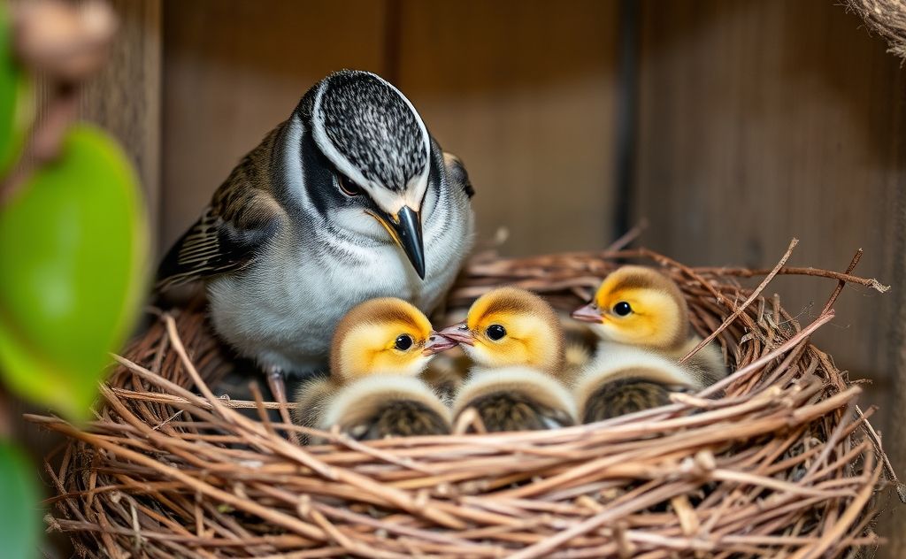 A mother bird feeding her chicks in a cozy nest.