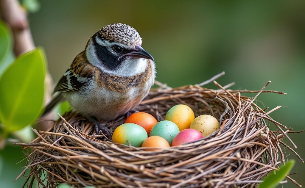 A mother bird protecting her nest filled with colorful eggs.