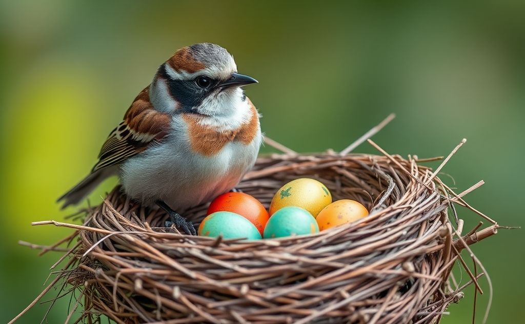 A mother bird sitting on a nest with colorful eggs inside.