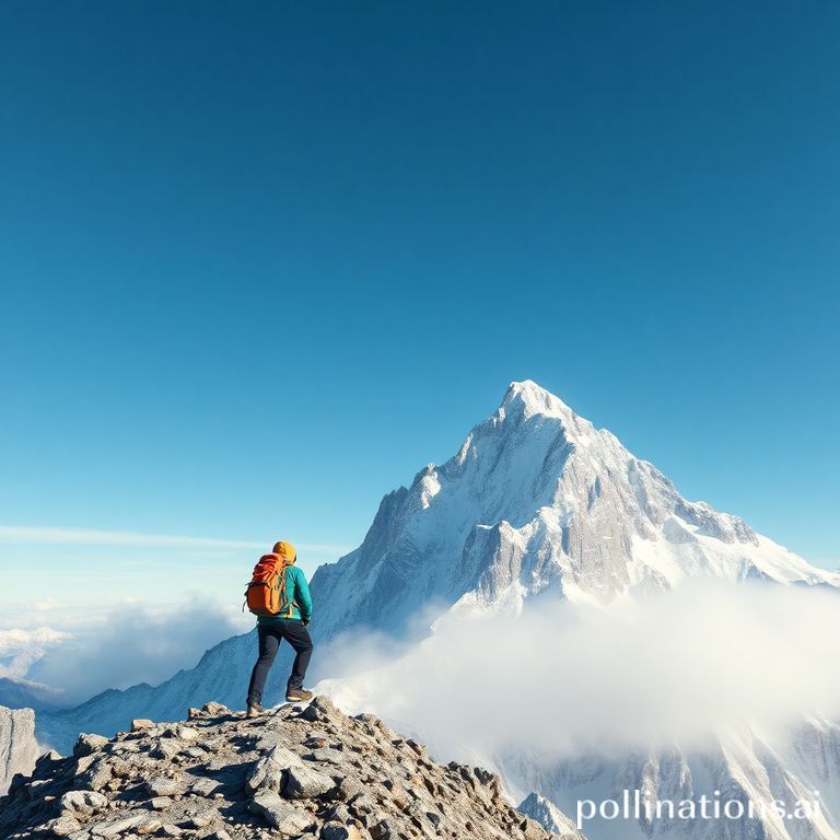 A mountain climber reaching the summit of a tall mountain