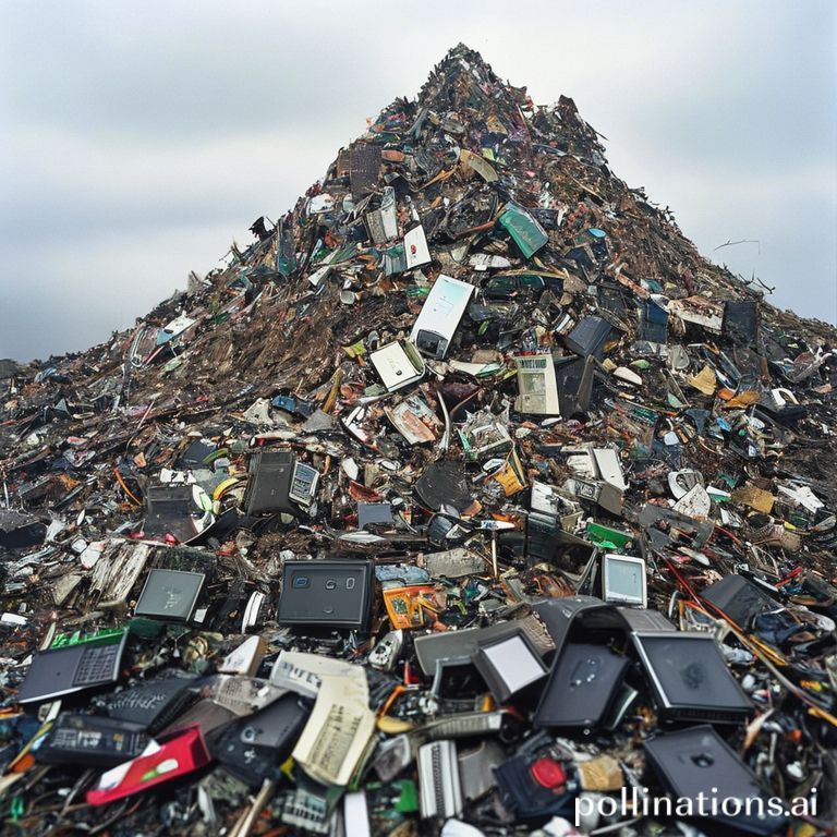 A mountain of discarded electronic waste (e-waste), illustrating the environmental challenge, with toxic substances.