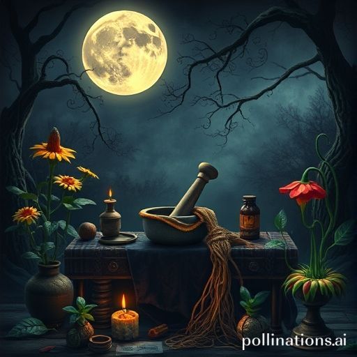 A mystical depiction of a witch's table with a mortar and pestle, surrounded by glowing, sinister-looking plants like belladonna and mandrake root under a full moon.