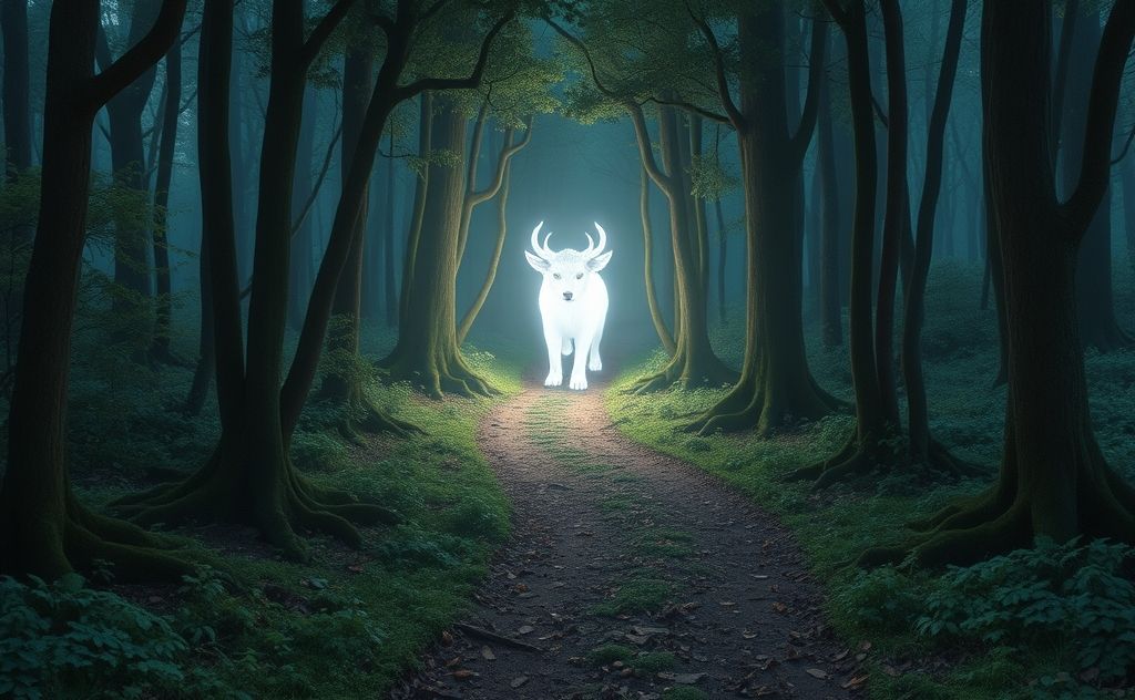 A mystical forest path leading to a glowing spirit animal.