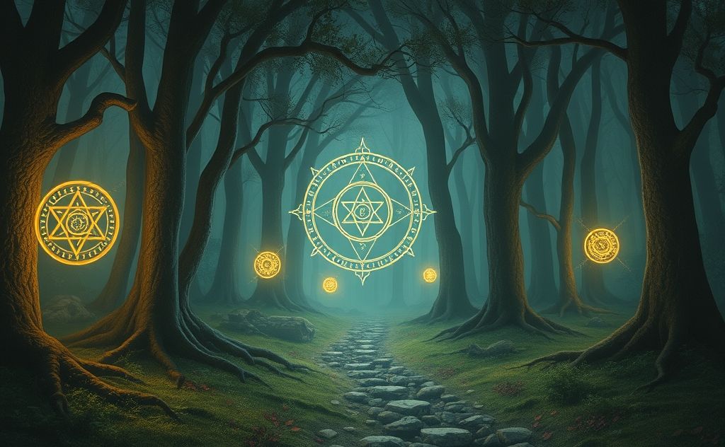 A mystical forest scene with ancient symbols and glowing orbs.