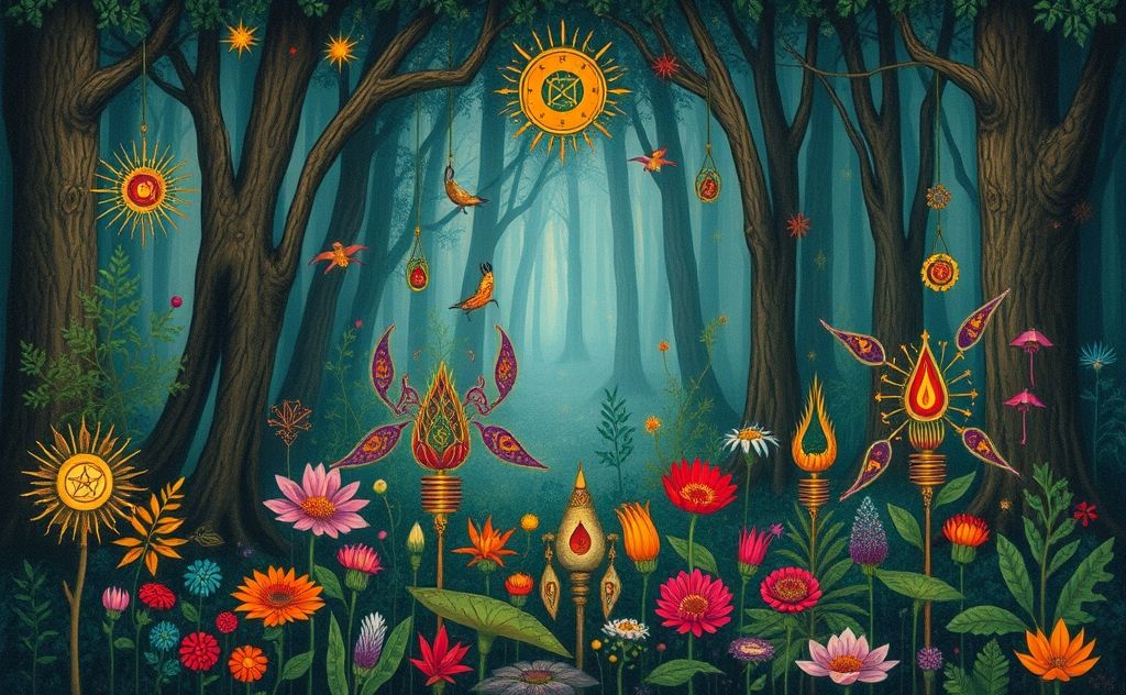 A mystical forest scene with vibrant shamanic plants and symbols.