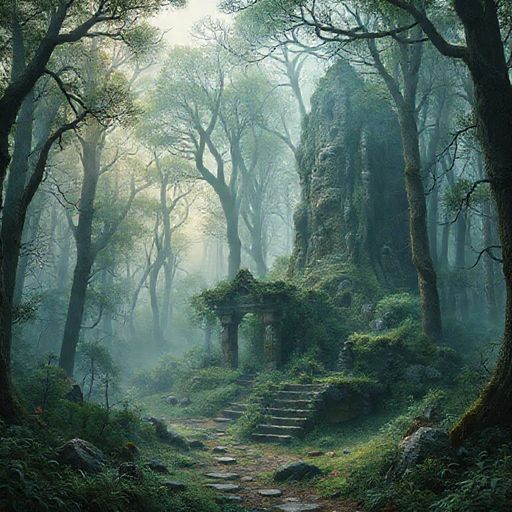 A mystical forest with ancient ruins