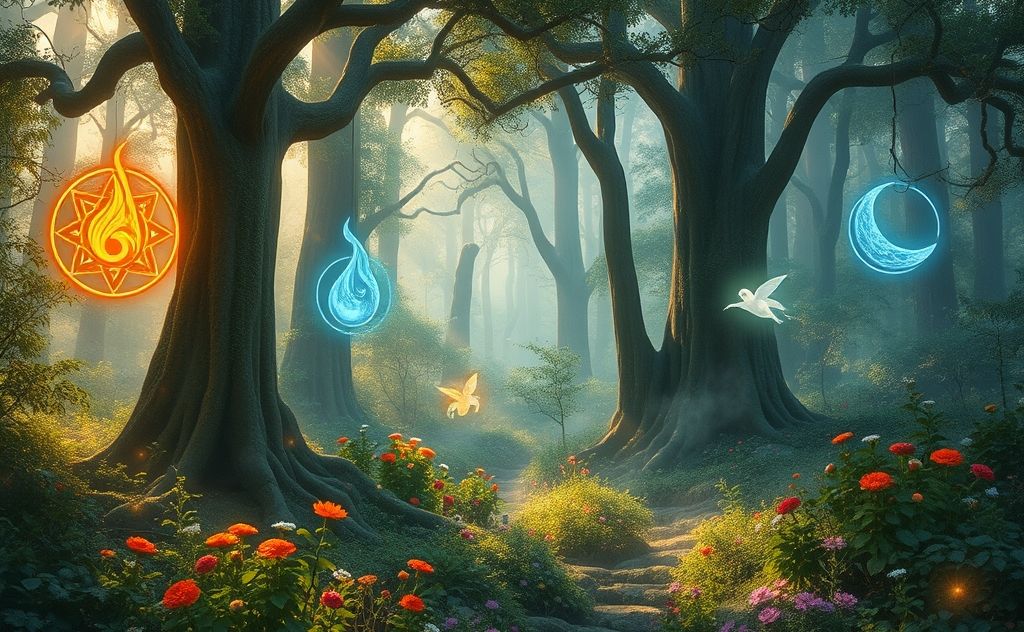 A mystical forest with elemental symbols and nature spirits.