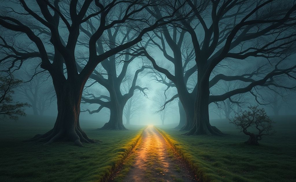 A mystical landscape with a glowing path through ancient trees.