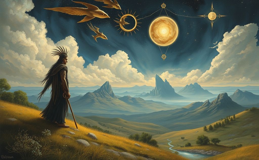 A mystical landscape with a shamanic figure and dream symbols.