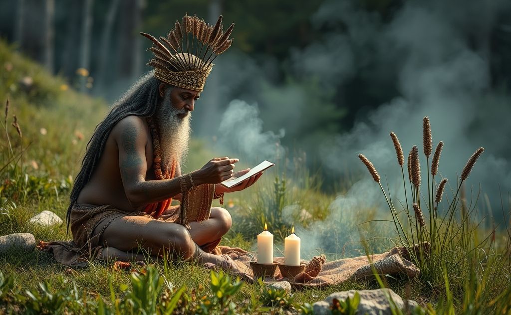 A mystical scene of a shaman performing divination in nature.