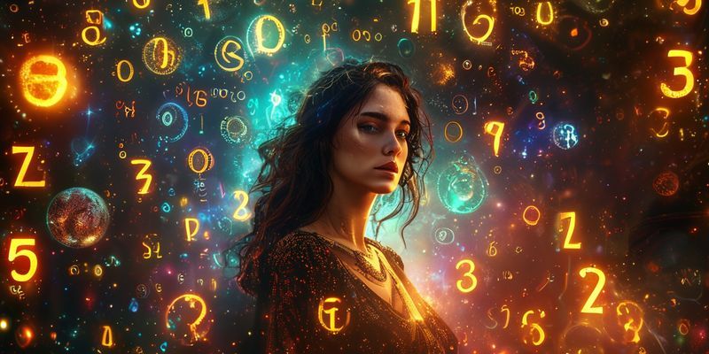 A mystical woman surrounded by glowing numbers and celestial bodies