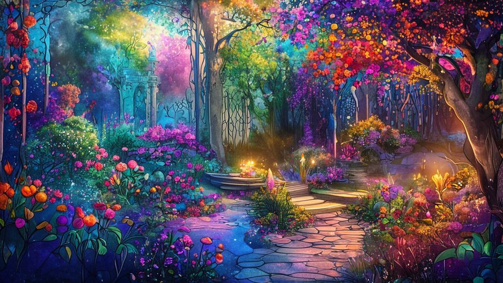 A mystical, ethereal garden scene. A vibrant coloring book page bursts with life, surrounded by flowing watercolor hues and sparkling gel pen details. Cinematic lighting illuminates the creative process. 4k.