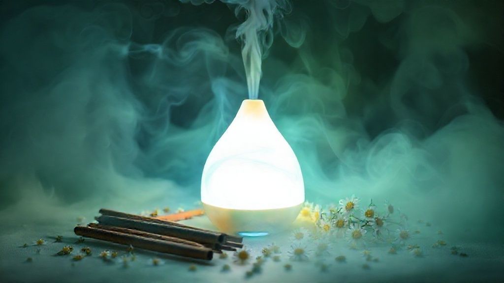 A mystical, ethereal scene: soft light illuminating a glowing aromatherapy diffuser releasing swirling, pale blue and green mist. Around it, scattered sandalwood incense sticks and chamomile flowers.
