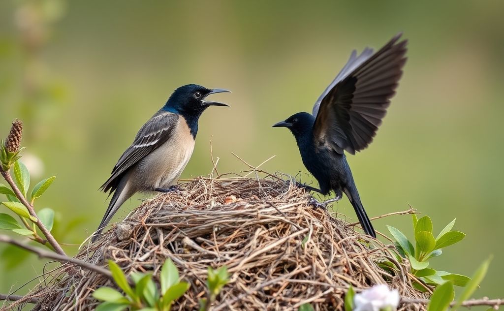 A native bird defending its nest from a starling in a natural setting