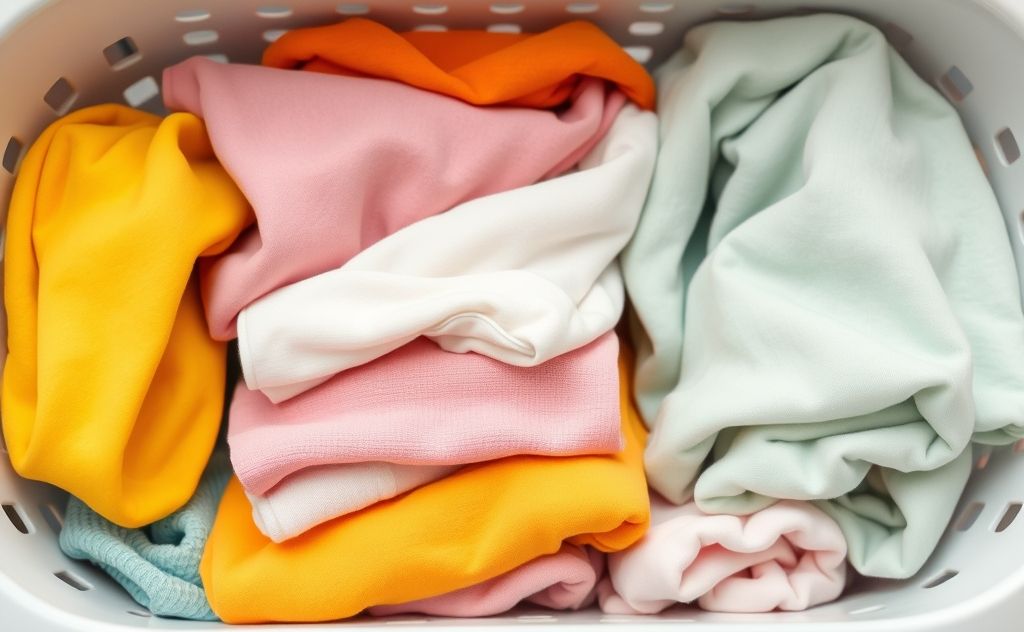 A neatly arranged laundry basket with colorful, folded clothes.
