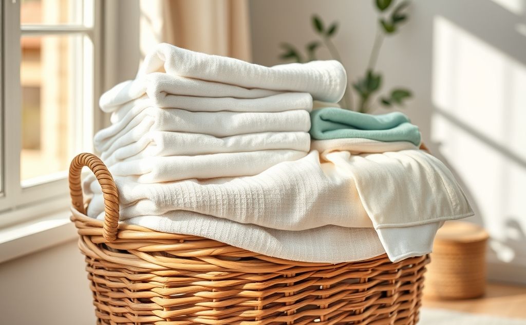 A neatly arranged laundry basket with fresh, folded clothes.