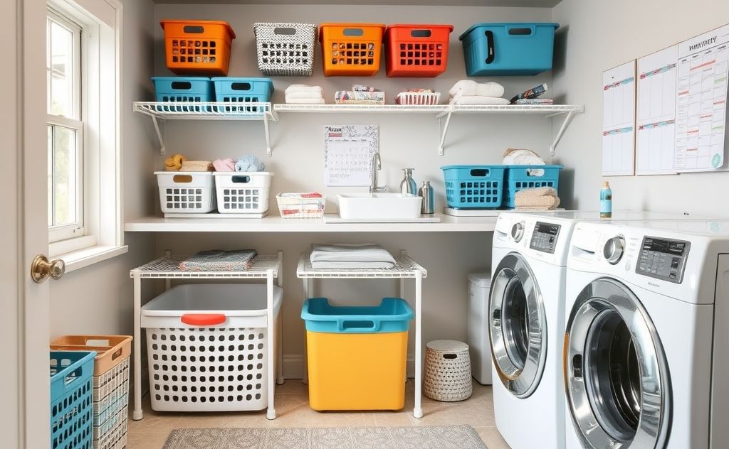 A neatly arranged laundry room with color-coded baskets and a calendar.