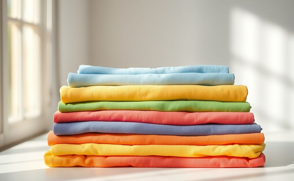 A neatly folded stack of colorful laundry on a clean surface.