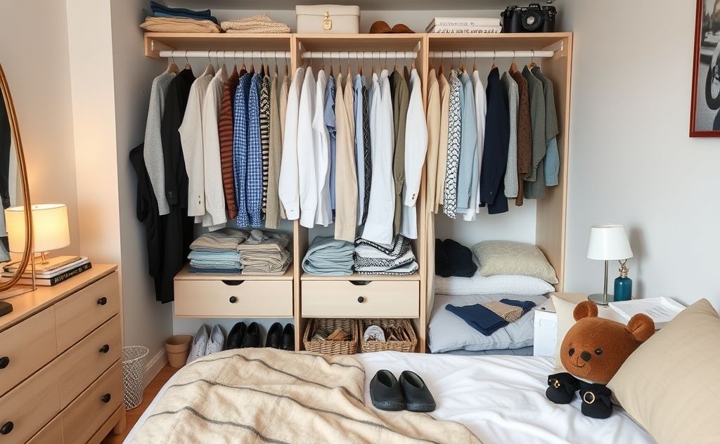 A neatly organized bedroom with decluttered clothes and accessories.