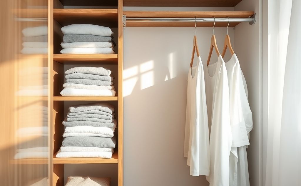 A neatly organized closet with folded clothes and empty hangers.