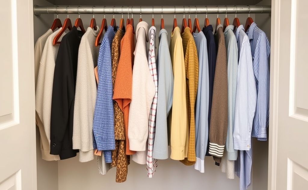 A neatly organized closet with seasonal clothing neatly arranged.