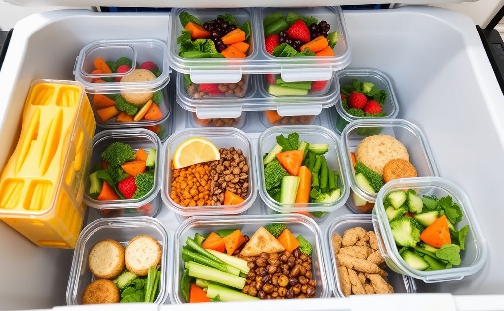 A neatly organized cooler filled with healthy meal prep containers.