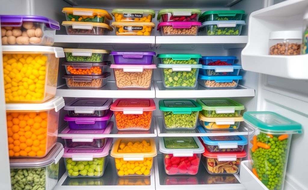 A neatly organized fridge filled with colorful meal prep containers.