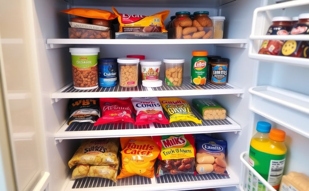 A neatly organized fridge with kids' snacks on the middle shelf.