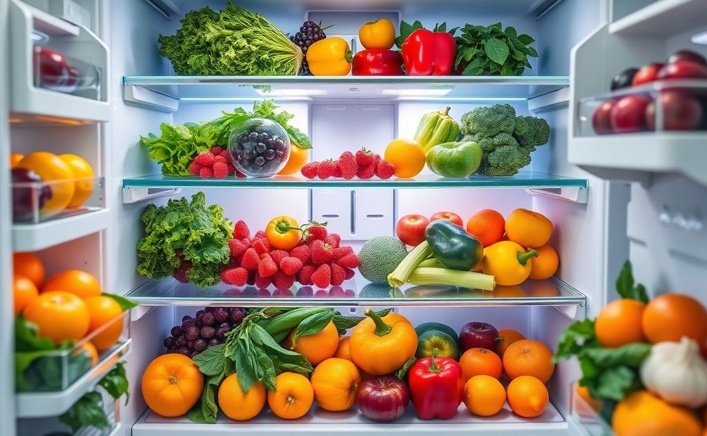 A neatly organized fridge with seasonal fruits and vegetables.
