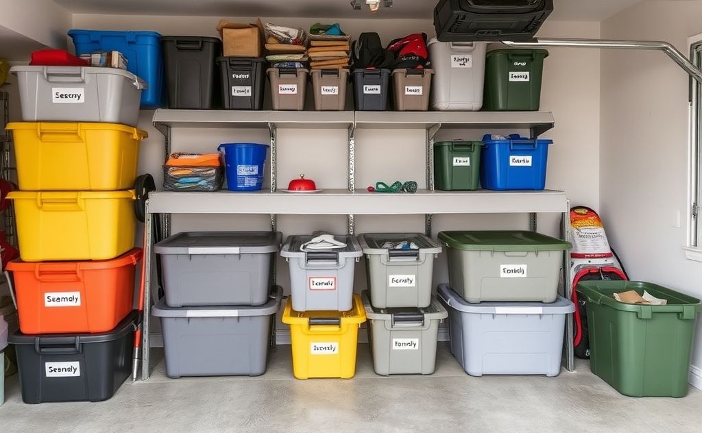 A neatly organized garage with seasonal storage bins and labels.